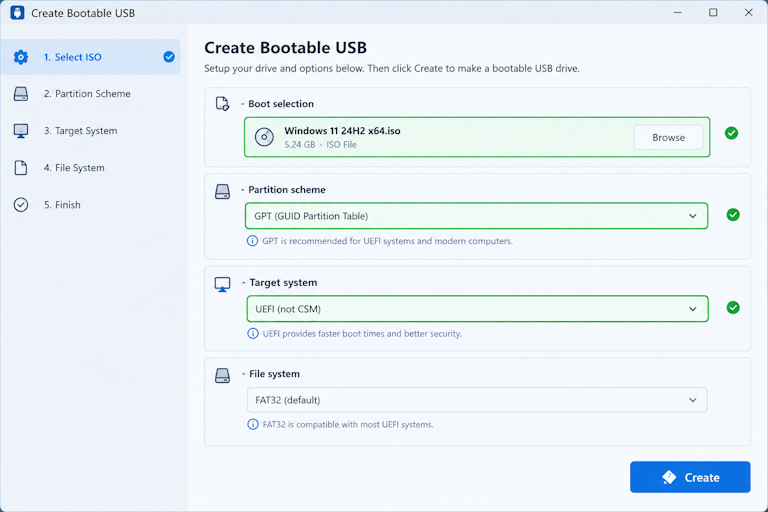 a creation tool's settings area showing partition scheme set to GPT and target system set to UEFI, with the boot selection pointing at a downloaded operating-system ISO file, all three choices highlighted